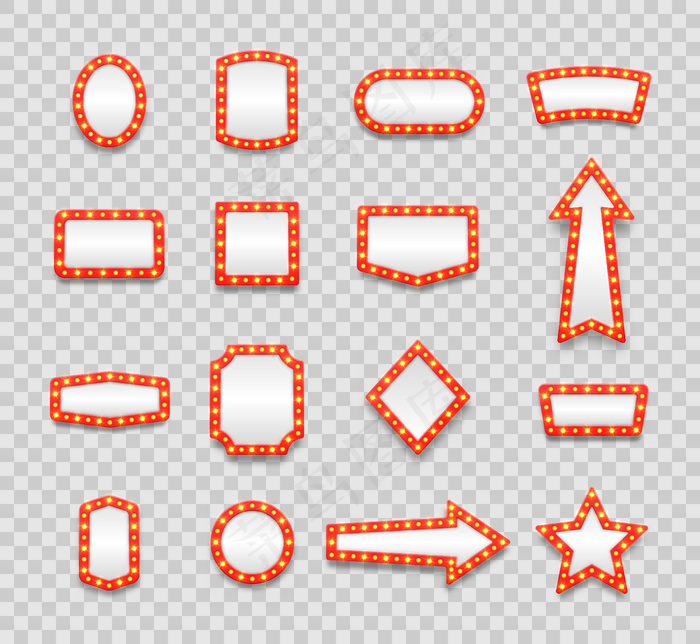 复古字幕空框和箭头电影，赌场和剧院虚荣图标灯镜影院艺术家化妆室。