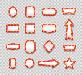 复古字幕空框和箭头电影，赌场和剧院虚荣图标灯镜影院艺术家化妆室。