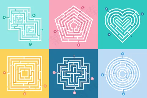 迷宫入口，寻找正确的道路，儿童迷宫游戏和选择迷宫入口字母集