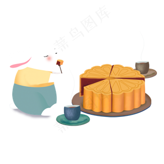 1手绘卡通白兔吃月饼元素