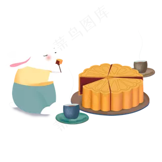 1手绘卡通白兔吃月饼元素