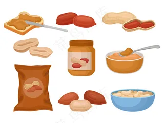 花生和花生酱套装，营养花生产品插图在白色背景上