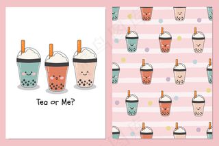 一套可爱的泡沫牛奶冰茶，上面有鲜奶油，背景为无缝插画图案