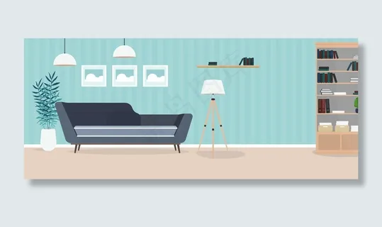 现代明亮的房间。客厅里有沙发、衣柜、台灯、油画。家具内部。