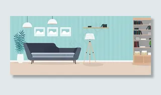 现代明亮的房间。客厅里有沙发、衣柜、台灯、油画。家具内部。