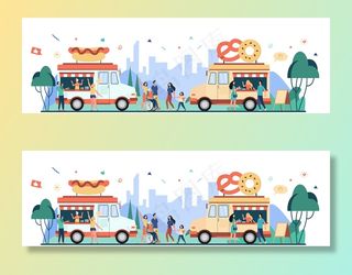 人们参观街头美食节，用卡车买零食。展会、夏季活动、市场、供应商概念的平面矢量图