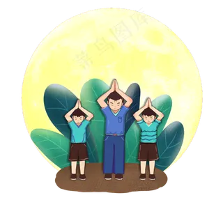 中秋节兄弟三人拜月祈福手绘卡通