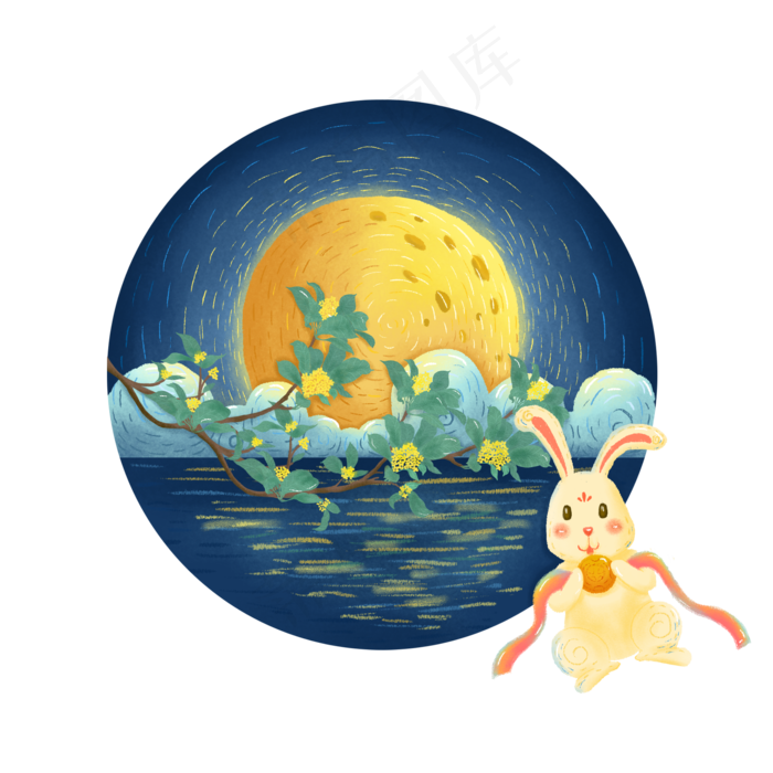 中秋节玉兔赏月创意手绘可商用元