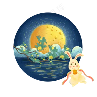 中秋节玉兔赏月创意手绘可商用元