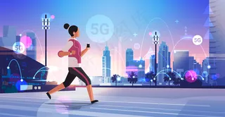 女子慢跑和听音乐5g高速互联网网络第五代创新无线系统连接概念