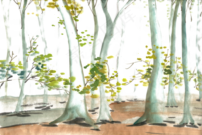秋天的树林水墨画PNG免抠素材(5500X3666(DPI:300))psd模版下载