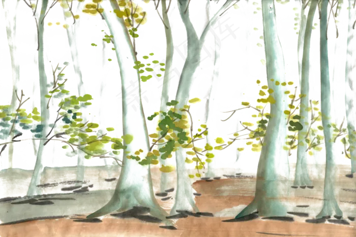 秋天的树林水墨画PNG免抠素材(5500X3666(DPI:300))psd模版下载