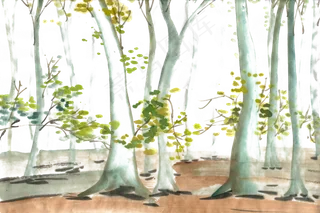 秋天的树林水墨画PNG免抠素材