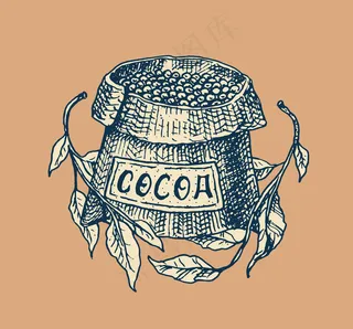 可可豆，谷物和袋子。用于t恤、印刷、商店或招牌的经典徽章或标志。手绘雕刻素描。