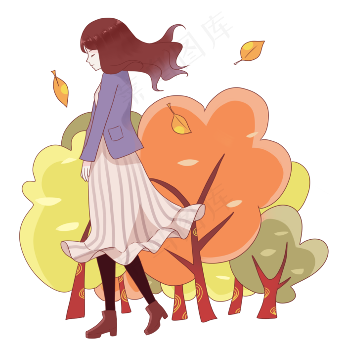 秋季美丽女生手绘插画