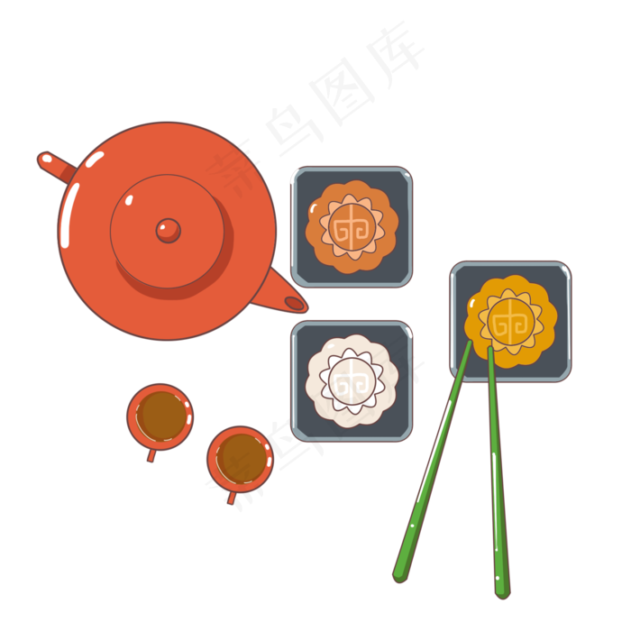 彩色月饼红色茶壶插画