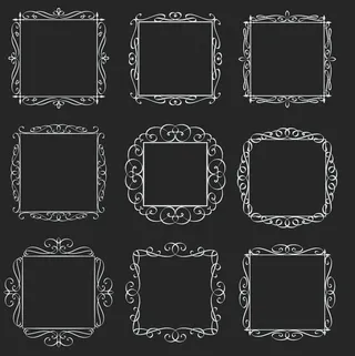 华丽的方形框架。书法元素。花押字复古标签。黑底白字，插图。