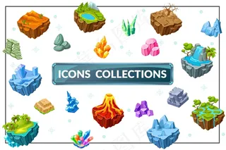 等距游戏自然组成与沙漠热带冰林景观岛屿干树湖山脉火山瀑布石矿物