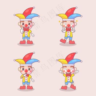 一组快乐小丑可爱的角色，有许多手势表情
