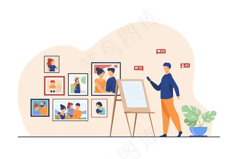 在工作室工作的艺术家。人物肖像画，画架，画廊平面矢量插图。创造性的工作、画家、工匠