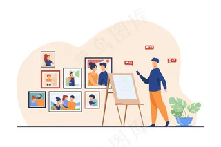 在工作室工作的艺术家。人物肖像画，画架，画廊平面矢量插图。创造性的工作、画家、工匠