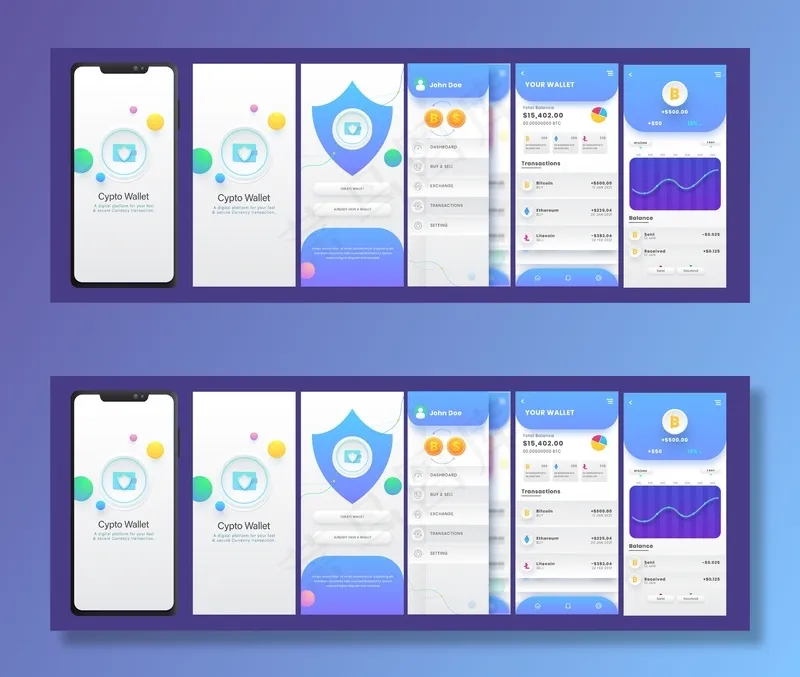 加密钱包手机app移动应用程序用户界面套件，包括创建帐户eps,ai矢量模版下载