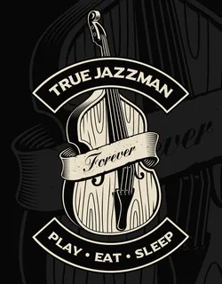 暗色背景上带缎带的低音提琴插图。文本在单独的组中。