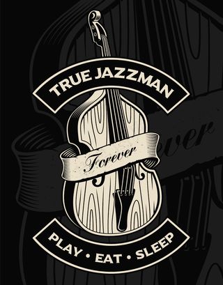 暗色背景上带缎带的低音提琴插图。文本在单独的组中。