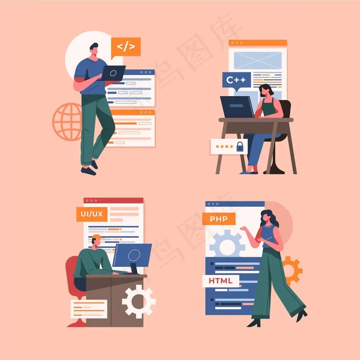 平面手绘web开发人员插图eps,ai矢量模版下载