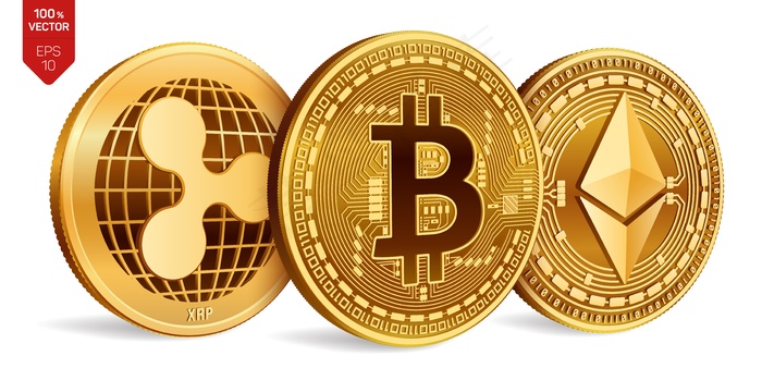 加密货币白色背景上带有比特币、涟漪和以太坊符号的金币。eps,ai矢量模版下载