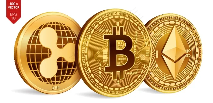 加密货币白色背景上带有比特币、涟漪和以太坊符号的金币。eps,ai矢量模版下载