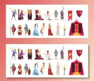 中世纪城堡属性居民平面图标集针织国王勋爵夫人纹章旗孤立