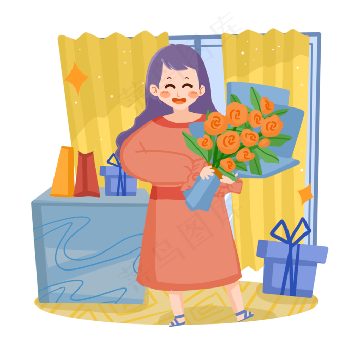 教师节卡通老师收花束PNG素材