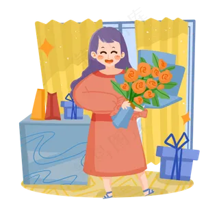 教师节卡通老师收花束PNG素材