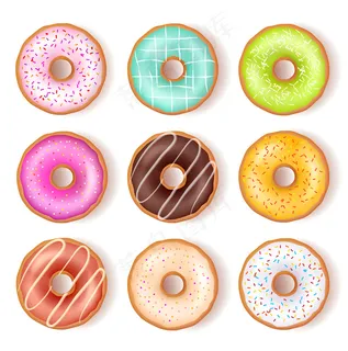 明亮美味甜甜圈顶视图集 明亮美味甜甜圈顶视图集