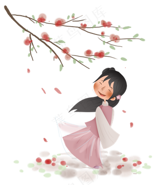 春天桃花树下的古代儿童