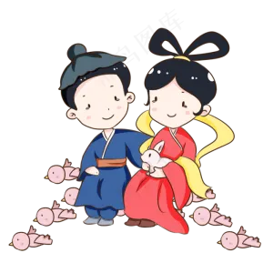 手绘卡通七夕节牛郎织女