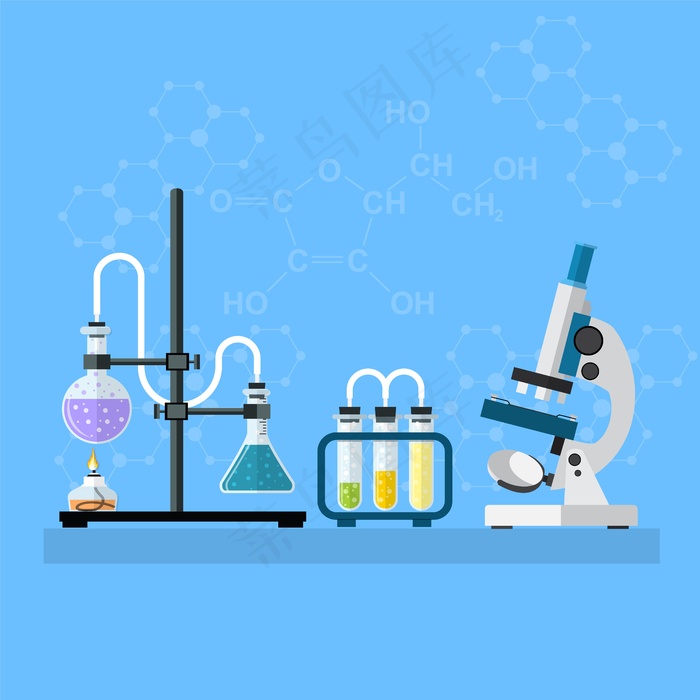 化学实验室工作区和科学设备概念。化学背景、横幅banner、封面。科学、教育、化学、实验、实验室概念。平面设计中的矢量图