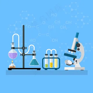 化学实验室工作区和科学设备概念。化学背景、横幅banner、封面。科学、教育、化学、实验、实验室概念。平面设计中的矢量图