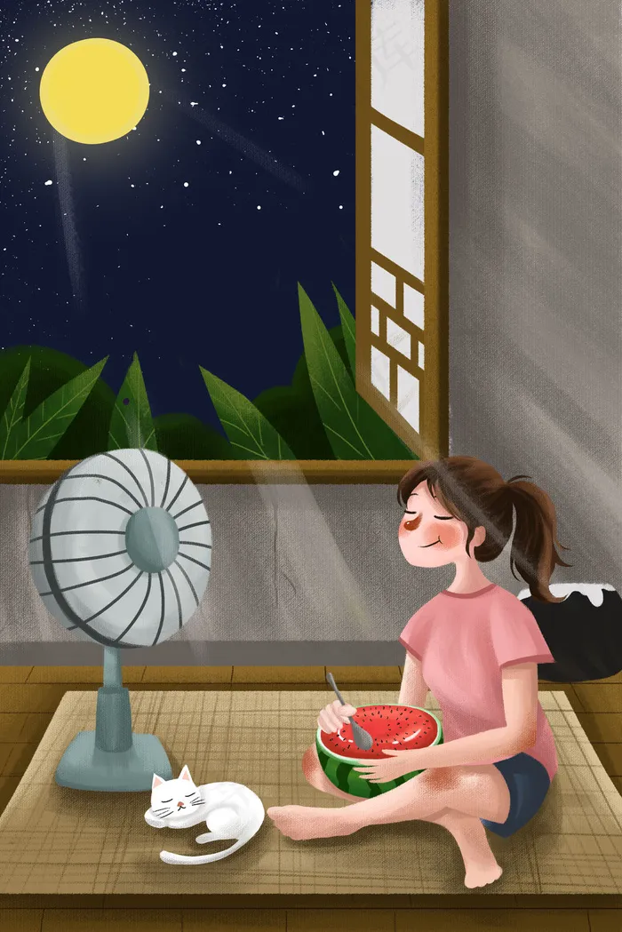夏天夏日女孩夜晚吃西瓜老房子立夏夏至初夏(3545*5315px 300 dpi )psd模版下载