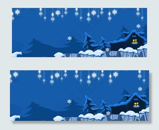 大寒蓝色手绘卡通树林木屋节气banner