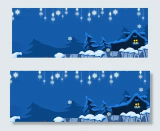 大寒蓝色手绘卡通树林木屋节气banner