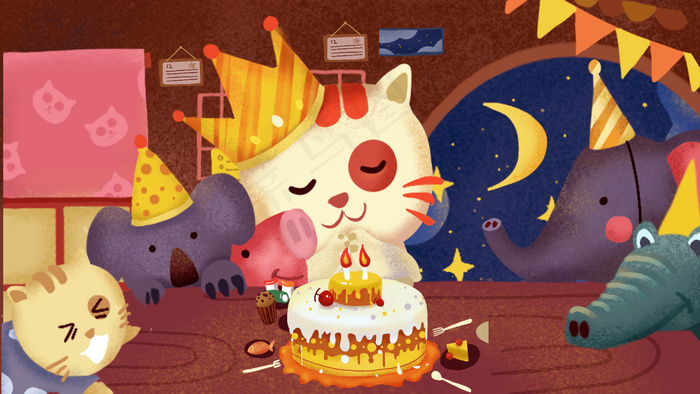 深夜可爱动物庆祝生日清新插图(2880X1620(DPI:72))psd模版下载