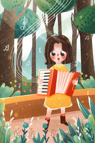 小清新春天节气女孩郊游拉风琴