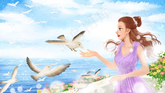 夏天海边度假的女孩和飞鸟