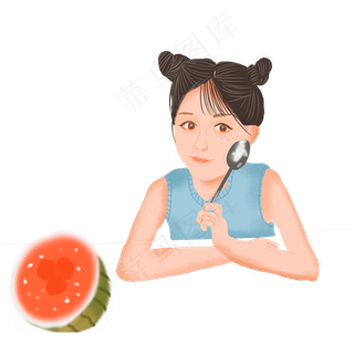 小清新吃西瓜的女生psd人物