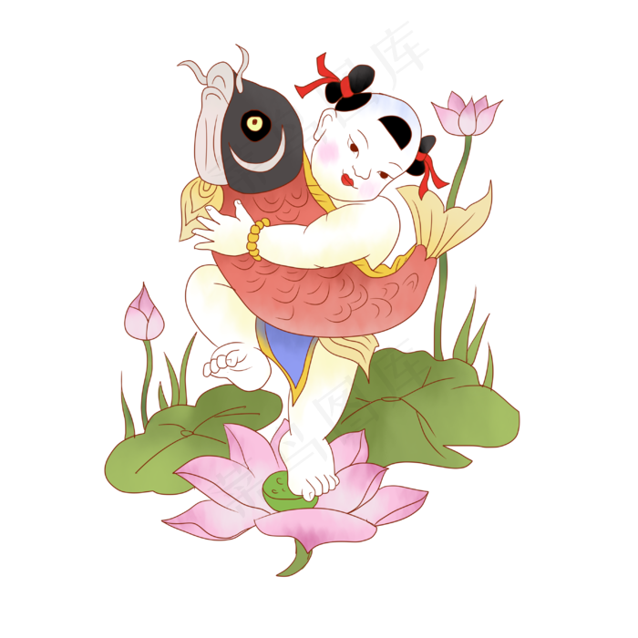 中国风的抱着鱼的吉祥娃娃(3000X3000(DPI:300))psd模版下载