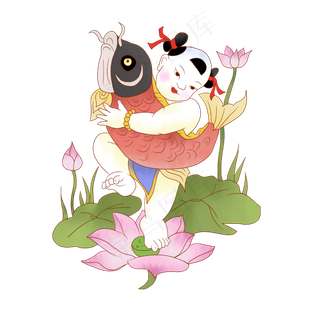 中国风的抱着鱼的吉祥娃娃