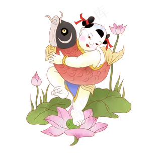 中国风的抱着鱼的吉祥娃娃