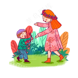 卡通风格母子踏青出游